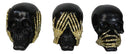 Set Of 3 Gothic Black See Hear Speak No Evil Skulls Gold Bone Hands Figurines