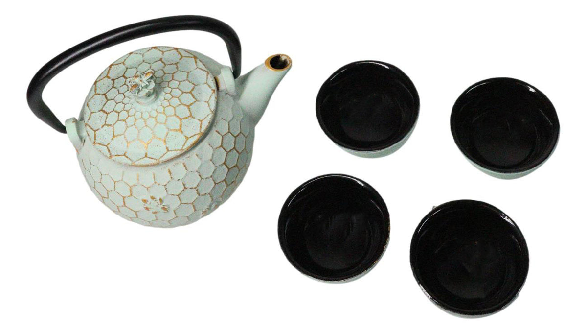 Mint Green Honeycomb Petite Cast Iron Teapot 10oz With 4 Mini Tea Cups Set