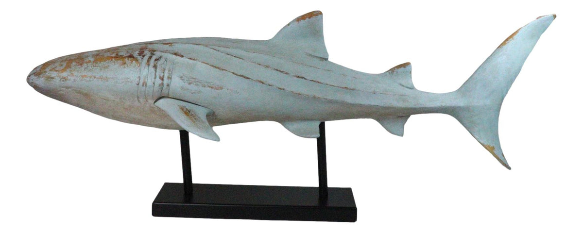 Large Nautical Marine Whale Shark Faux Wood Sculpture On Black Stand 37" Long
