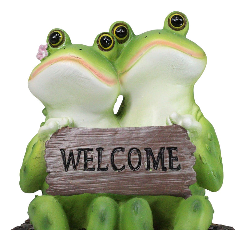 Romantic Frog Couple Sitting On Log Bench Holding Welcome Plank Sign Figurine
