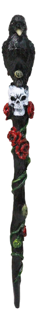 Fantasy Raven Crow Perching On White Skull with Rose Vines Decorative Magic Wand