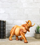 Lucky Elephant Figurine with Trunk Up Faux Wood Carved Look Home Décor 10" Long