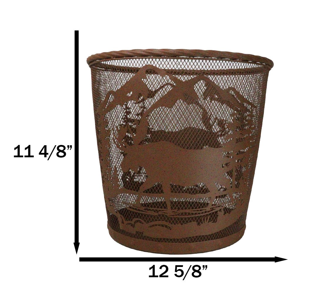 Rustic Deer Moose By Pine Forest Mountains Metal Wire Waste Basket Trash Bin - Ebros Gift