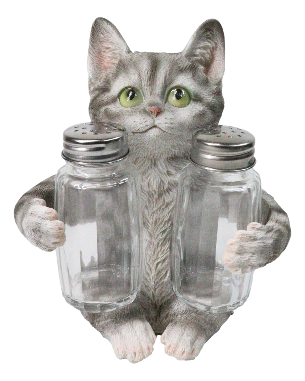 Gray Tabby Cat Salt and Pepper Glass Shakers Holder Set Cute Kitten Figurine