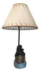 Rustic Woody Forest River Run Black Bears With Cub Rowing Canoe Boat Table Lamp