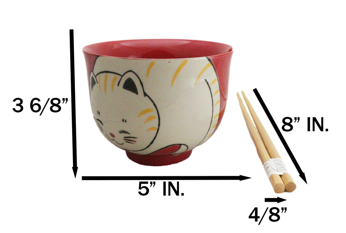 Red Cute Chubby Kitty Cat Ceramic Donburi Ramen Bowl With Chopsticks Set - Ebros Gift