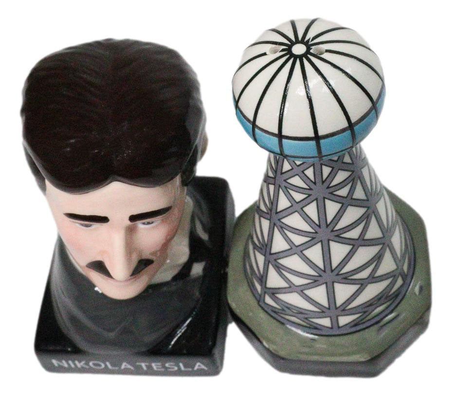 Nikola Tesla And Wardenclyffe Plant Tower Ceramic Salt And Pepper Shakers Set