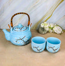 Blue Japanese Sakura Cherry Blossom Ceramic Tea Pot And 2 Cups Set Bamboo Handle