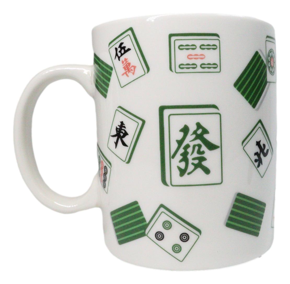 Set Of 2 Green White Chinese Mahjong Character Tiles Ceramic Mug Cups 11oz
