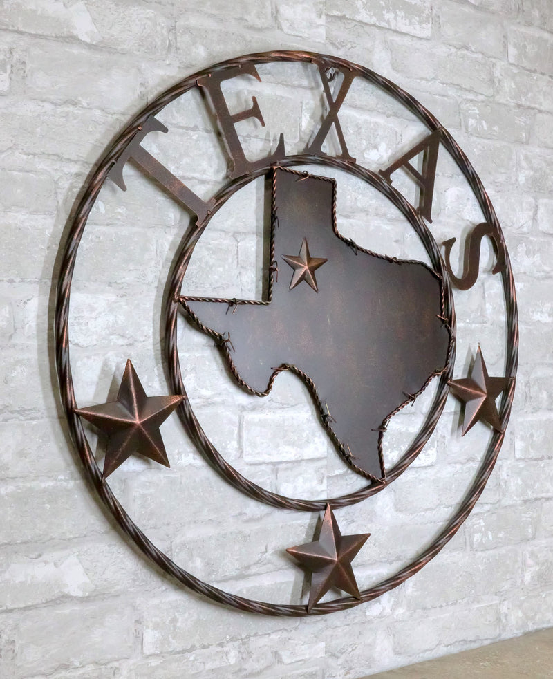 24"D Rustic Western Lone Stars Texas State Map Metal Circle Wall Hanging Decor