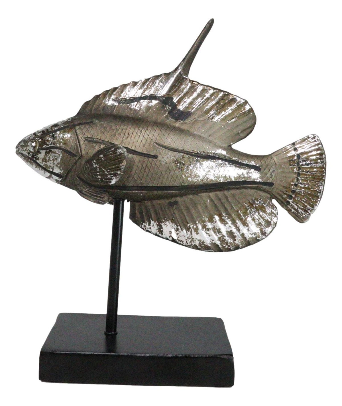 Nautical Marine Silver Tone Lyretail Anthias Fish Sculpture With Pole Stand Base