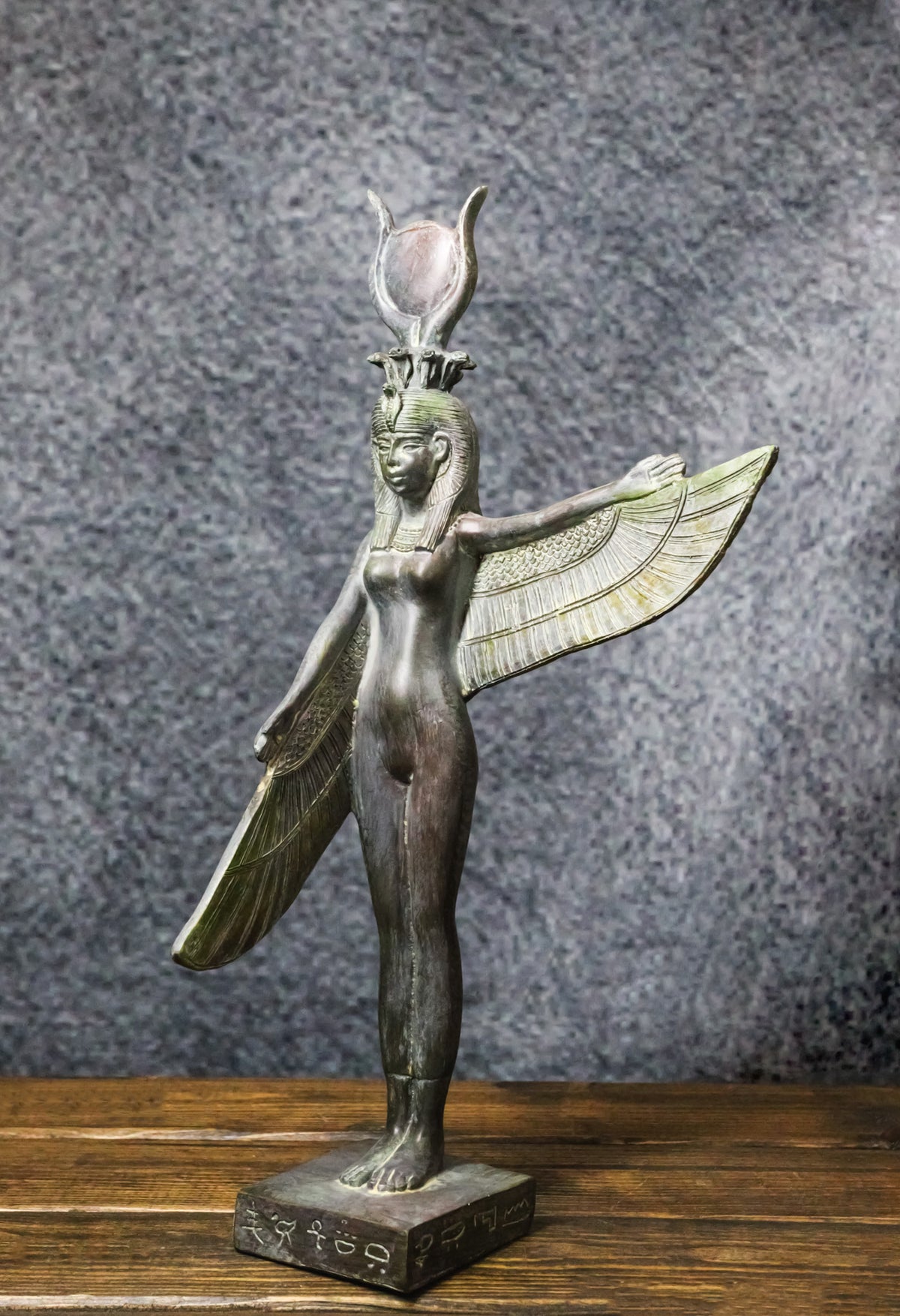 Goddess Isis Ra With Raised Left Wing On Hieroglyphic Base Figurine 14" Tall