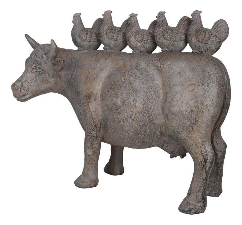 Rustic Vintage Farmhouse Chickens Hens Marching On Holstein Cow Back Figurine