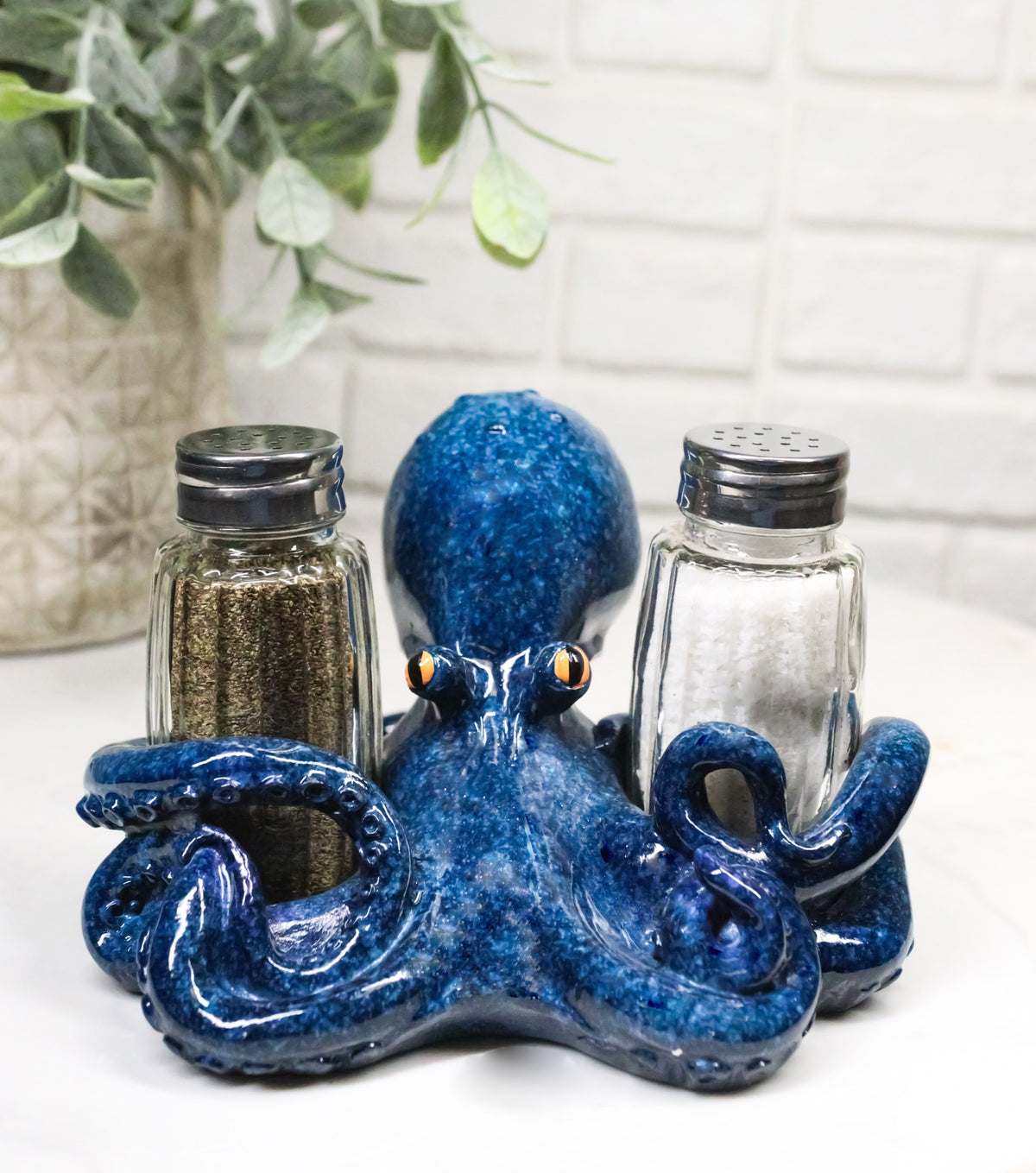 Blue Spotted Nautical Marine Cephalopod Octopus Salt Pepper Shakers Holder Set