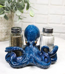Blue Spotted Nautical Marine Cephalopod Octopus Salt Pepper Shakers Holder Set