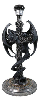 Gothic Faux Stone Dragon Perching On Celtic High Cross Sculptural Table Lamp