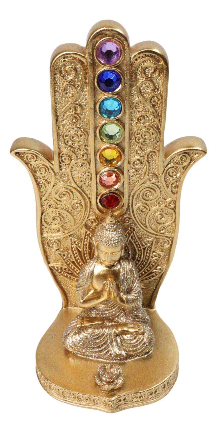Golden Nirvana Hamsa Palm Buddha Rainbow Chakra Stones Incense Holder Figurine