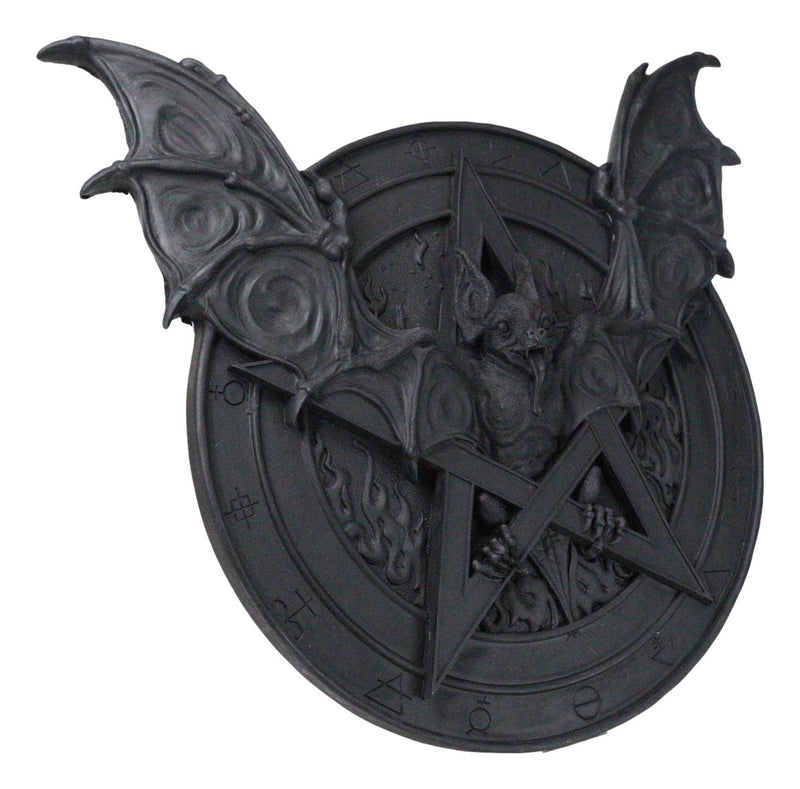 Gothic Nosferatu Black Bat Pentagram With Hell Fire Alchemy Symbols Wall Plaque