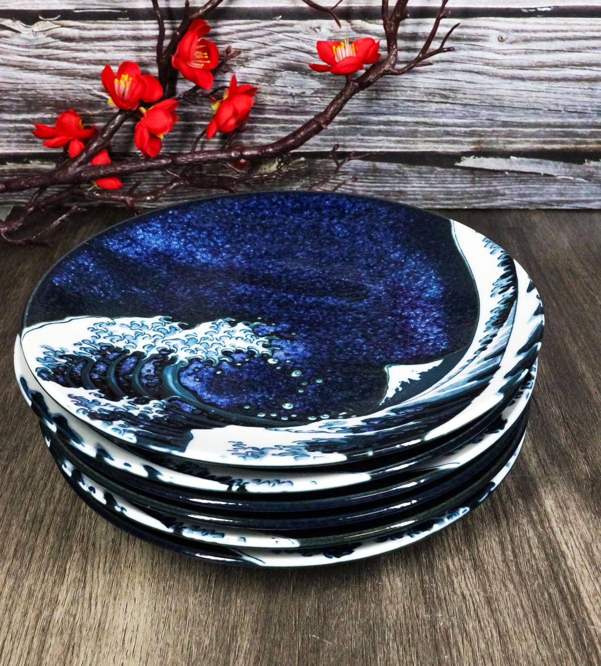 Set Of 6 Blue Japanese Hokusai Great Wave Porcelain Appetizer Salad Small Plates - Ebros Gift