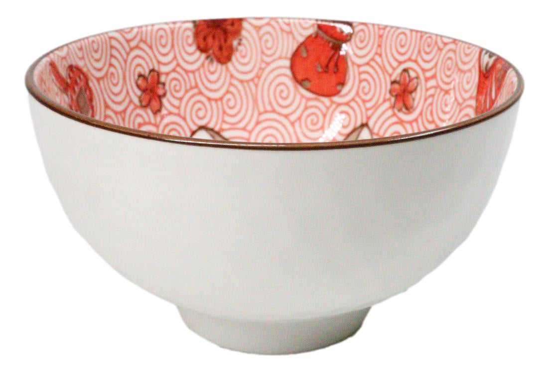 Set of 2 Lucky Cat Maneki Neko Red Ceramic 12oz Bowls With Bamboo Chopsticks