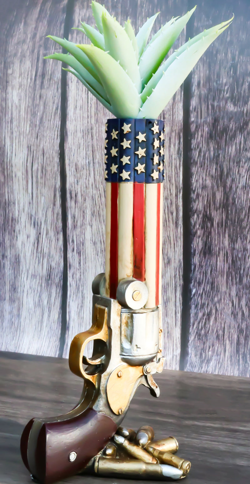 Western American Flag Cowboy Pistol Gun With Bullet Shells Floral Vase Decor
