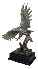 Electroplated Pewter Silver Bald Eagle With Open Wings Soaring Over Tree Statue