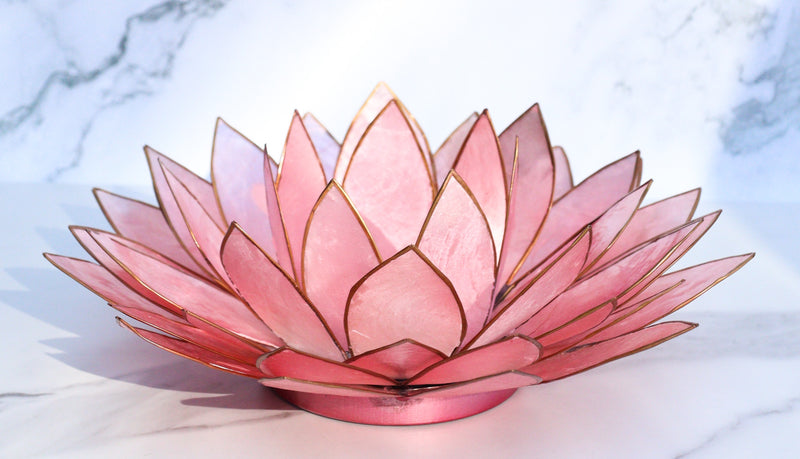 Fuchsia Pink Capiz Seashells Lotus Flower Votive Tea Light Candle Holder 8.5"D