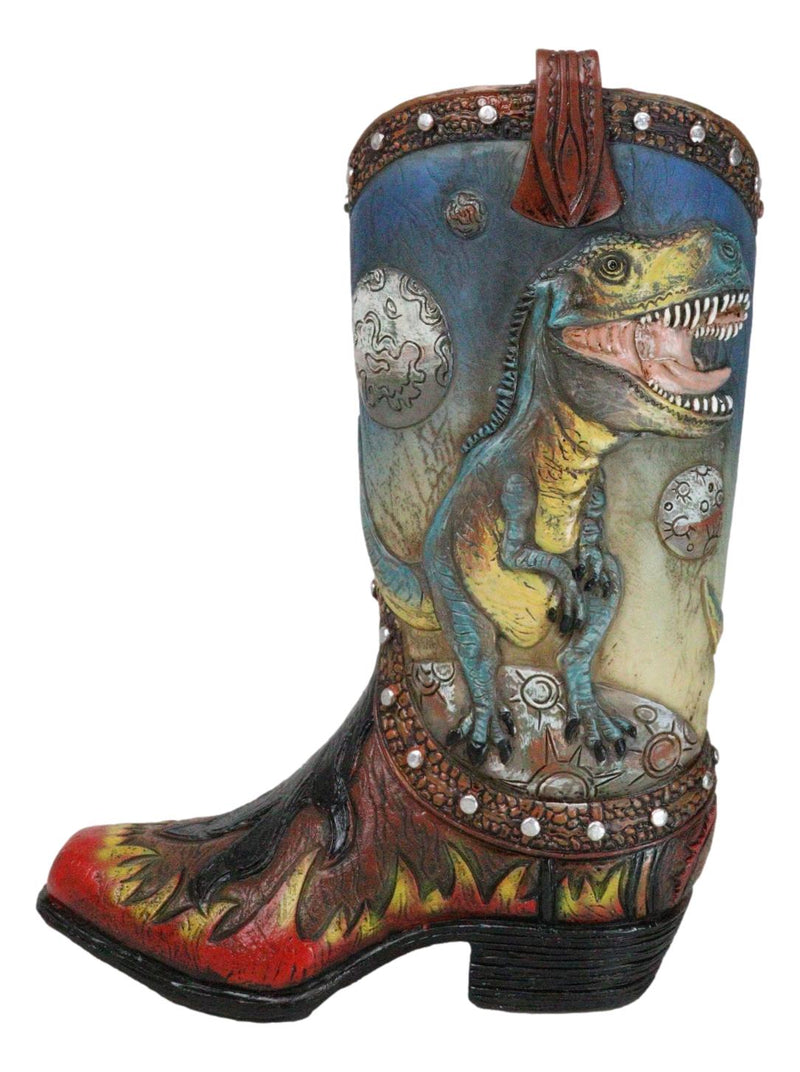 Western Prehistoric T-Rex Dinosaur With Volcano Faux Leather Cowboy Boot Vase