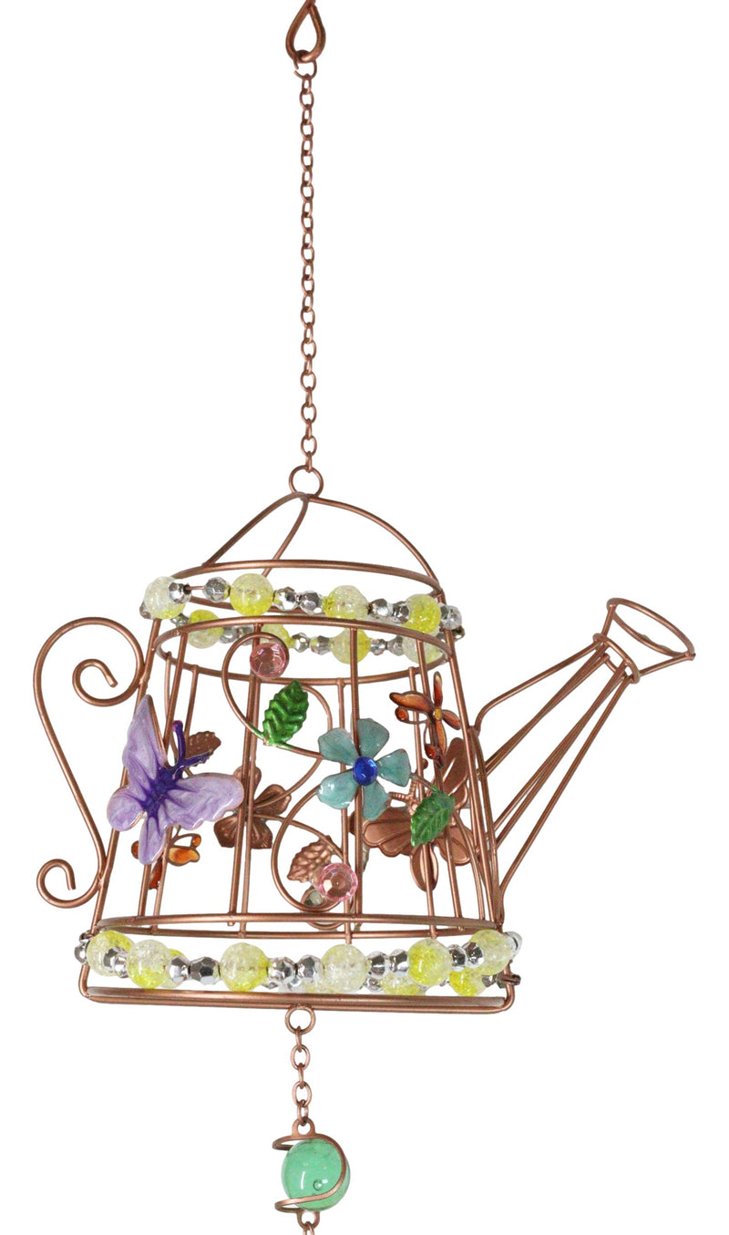 Monarch Butterflies On Garden Watering Can Art Glass Gemstones Metal Wind Chime