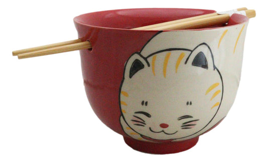 Red Cute Chubby Kitty Cat Ceramic Donburi Ramen Bowl With Chopsticks Set - Ebros Gift