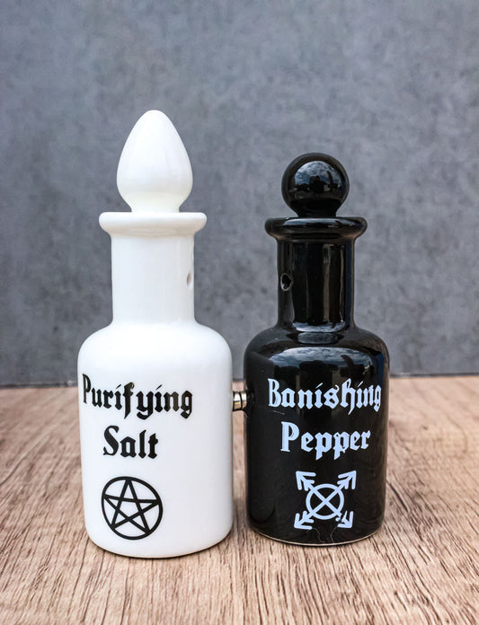 Magic Potion Bottles Purifying Salt And Banishing Pepper Ceramic Shakers Set