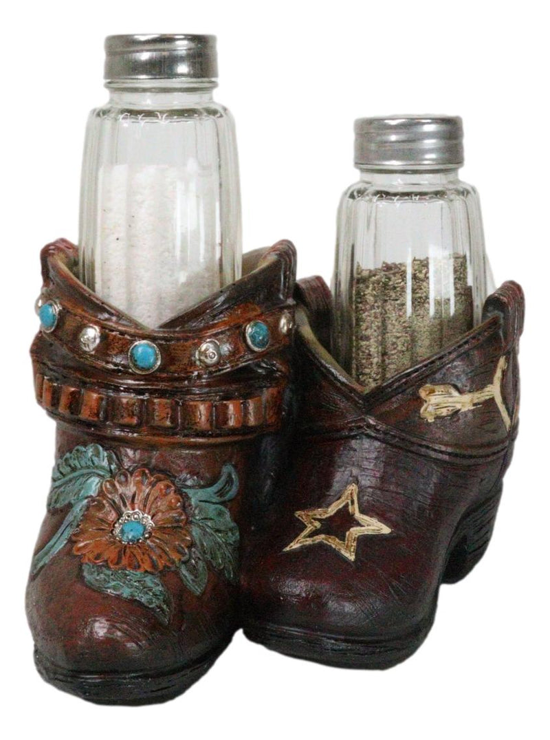 Rustic Cowgirl Turquoise Flowers Stars Double Boots Salt Pepper Shakers Holder