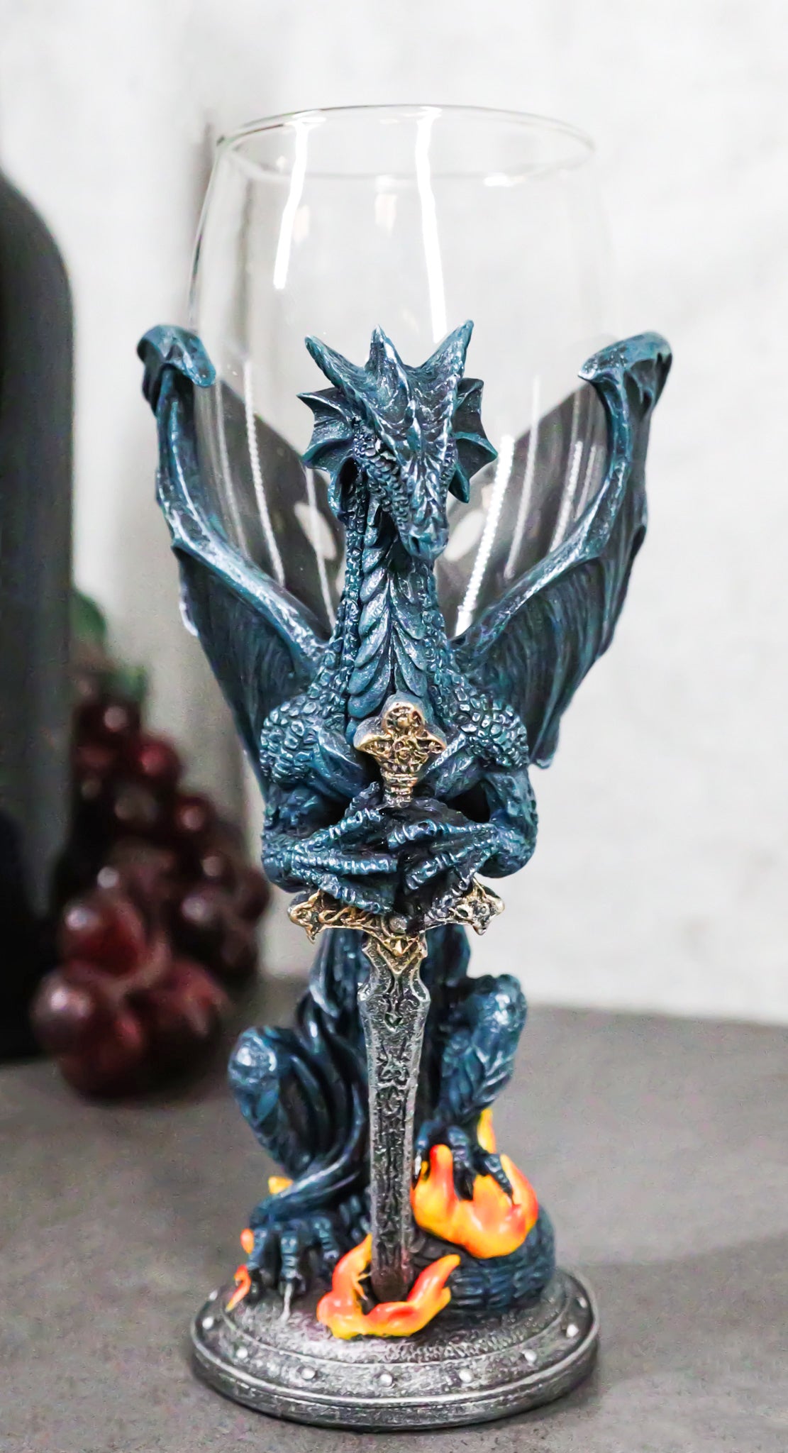 Fantasy Netherworld Fire Dragon Excalibur Blade Sword Glass Wine Goblet Chalice