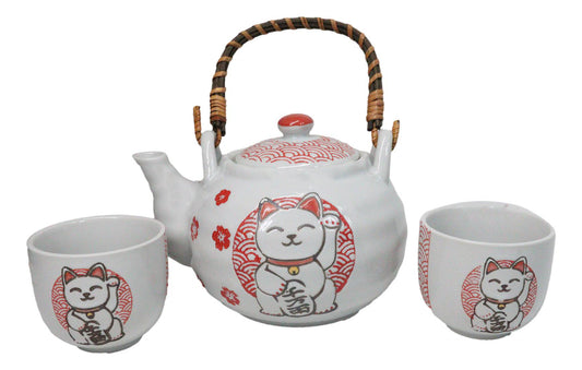 White Red Maneki Neko Lucky Cat Ceramic Tea Pot And 2 Cups Set Bamboo Handle