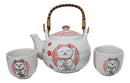 White Red Maneki Neko Lucky Cat Ceramic Tea Pot And 2 Cups Set Bamboo Handle