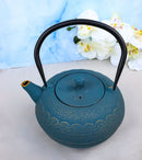 Round Teal Blue Seigaiha Waves Large Cast Iron Tetsubin Teapot 40oz Tea Pot