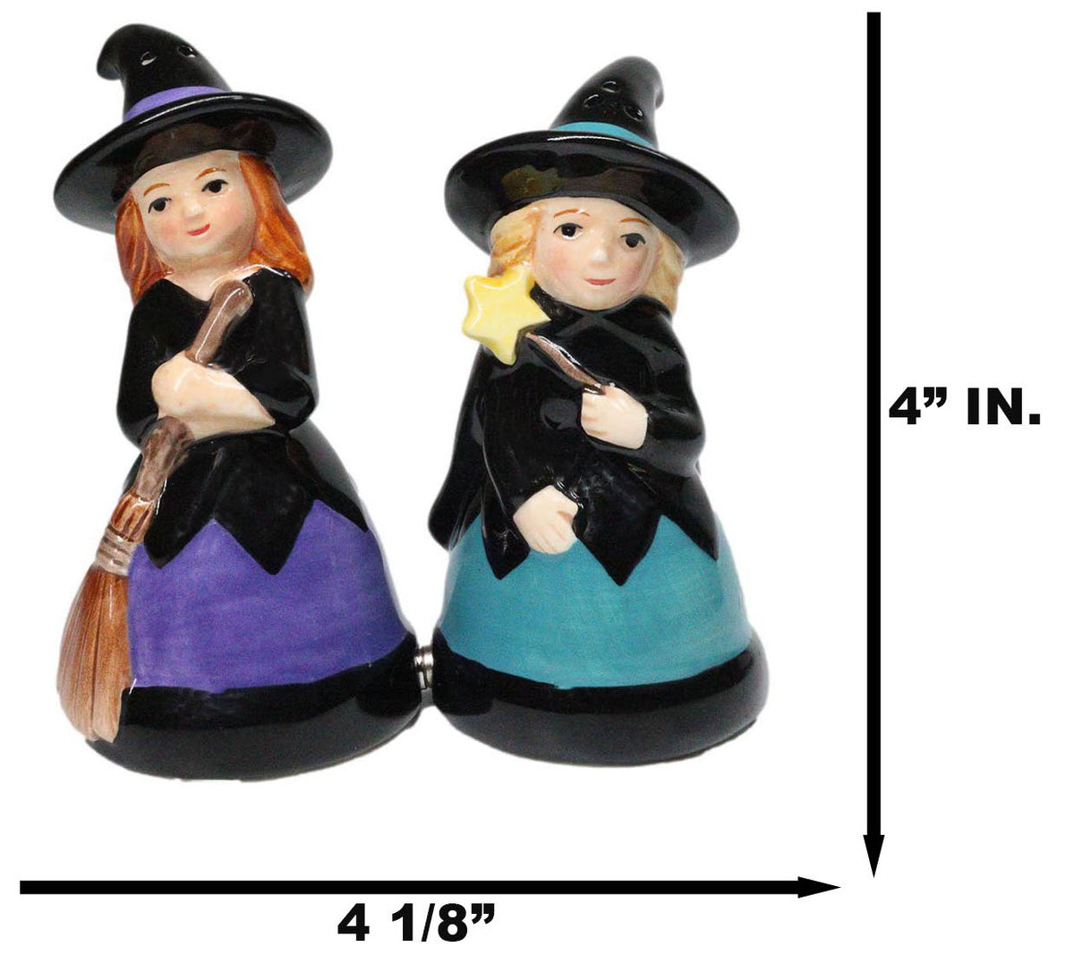 Hocus Pocus Witches With Broomstick Magic Wand Ceramic Salt Pepper Shakers Set