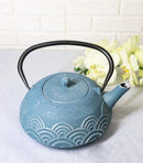 Silver Blue Seigaiha Waves Design Large Cast Iron Tetsubin Teapot 40oz Tea Pot