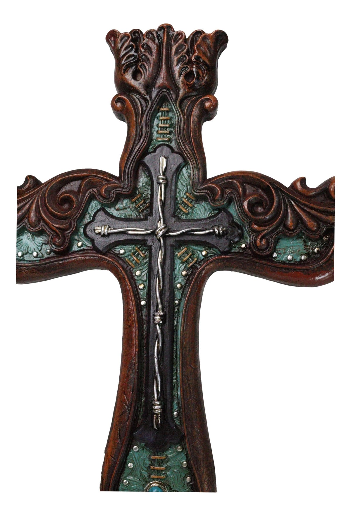 Rustic Faux Wood Carving Floral Scroll With Layered Barbed Wires Wall Cross