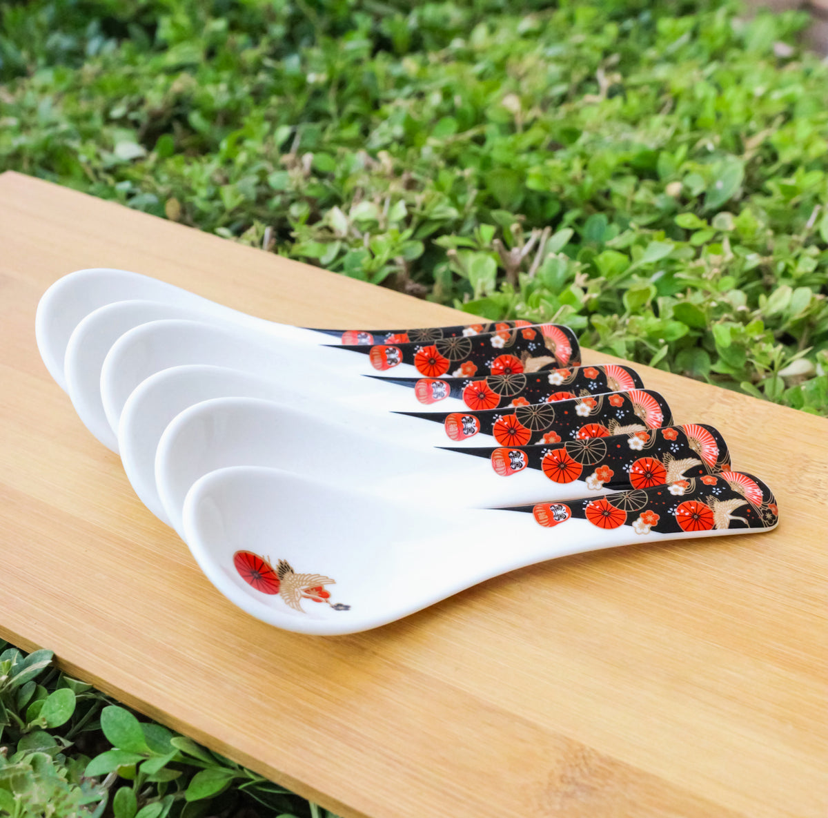 Set of 6 Japanese Crane Porcelain Asian Soup Spoons Japanese Ramen Pho Wonton