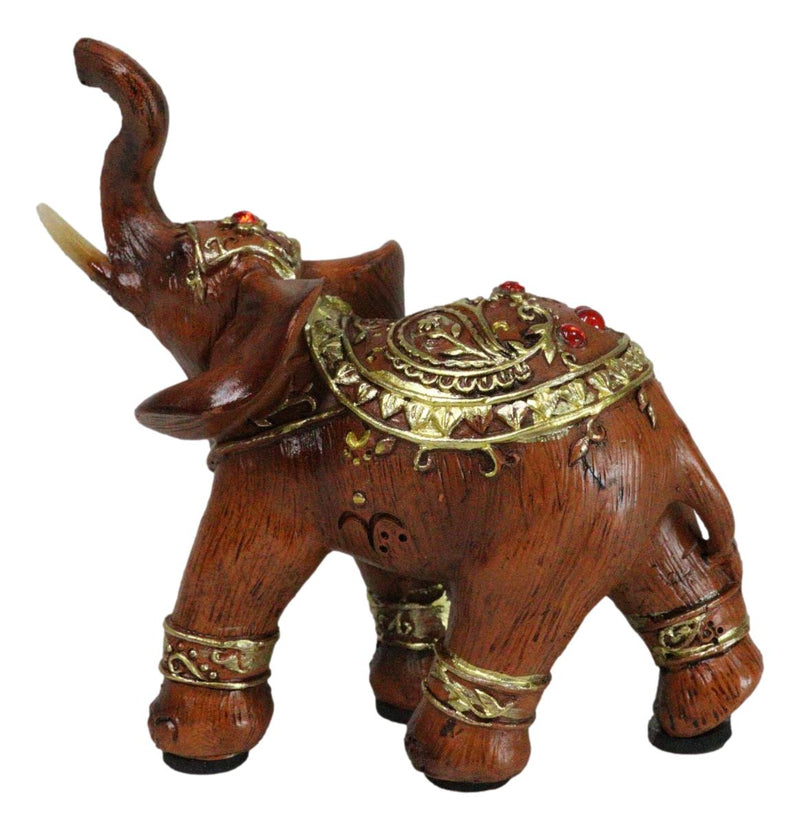 Feng Shui Faux Wood Right Facing Trunk Up Elephant With Golden Tapestry Figurine