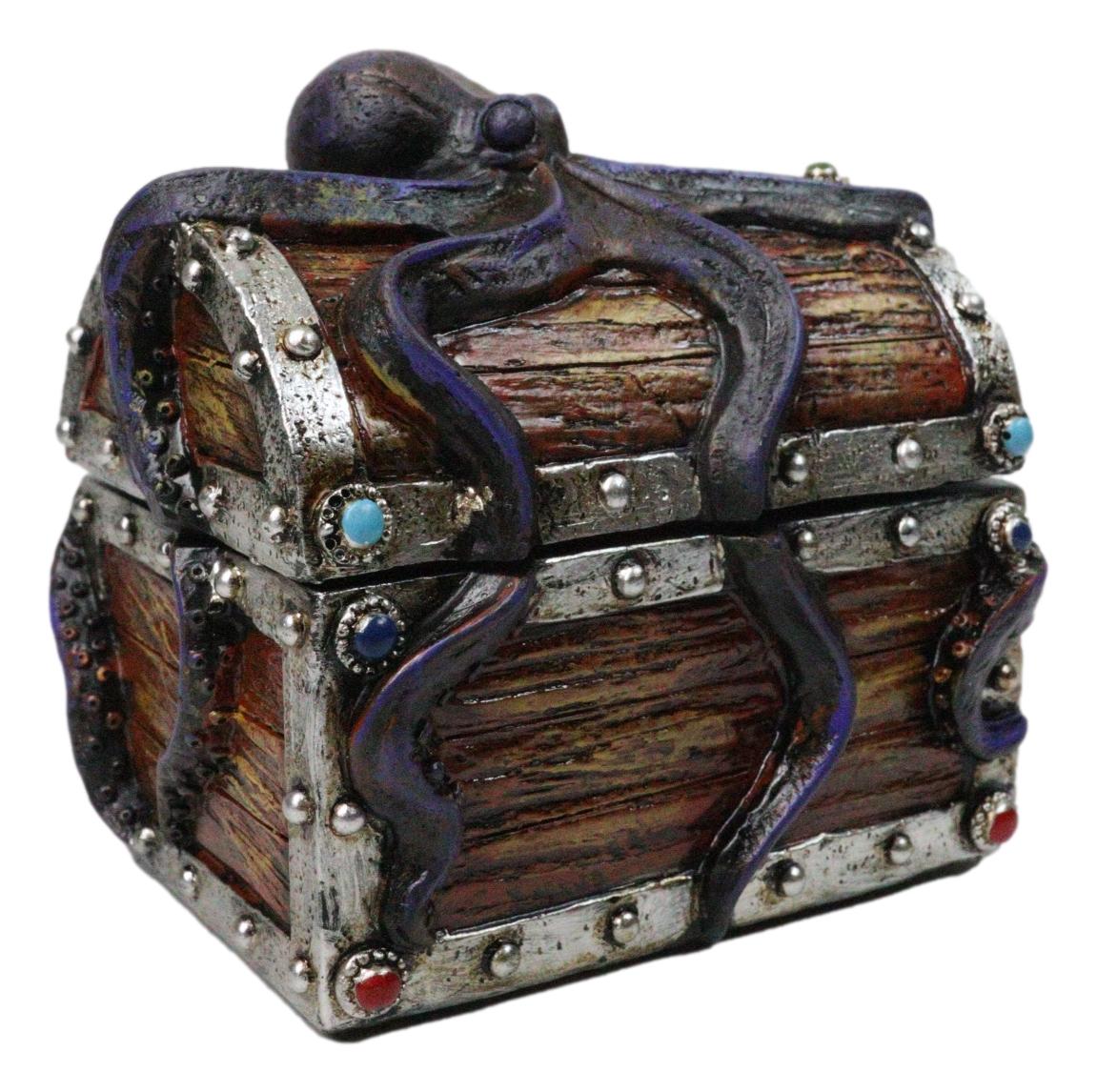 Nautical Octopus Tentacles On Small Treasure Chest Decorative Trinket Box Figure