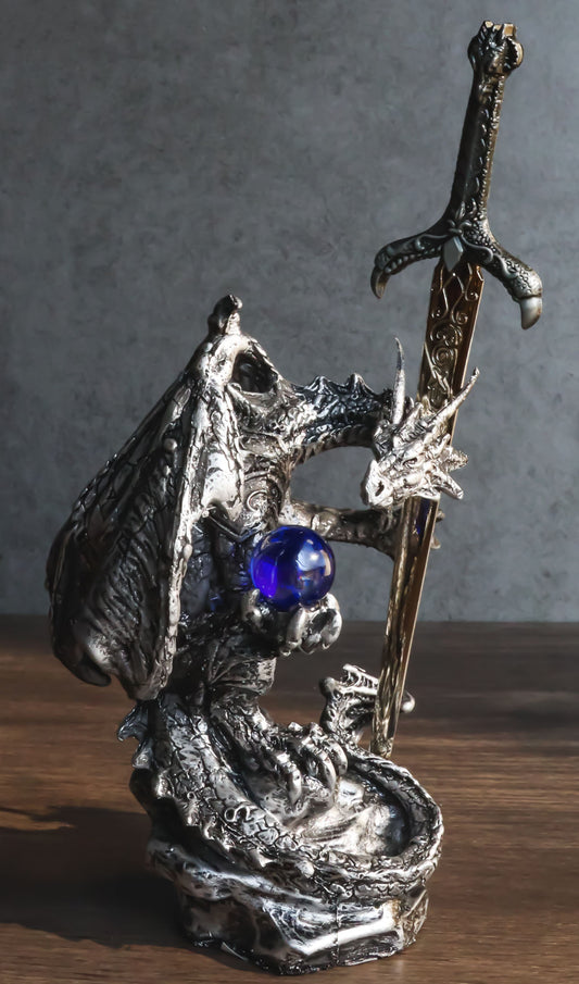 Legendary Silver Sorcerer Dragon Carrying Orb and Sword Letter Opener Figurine