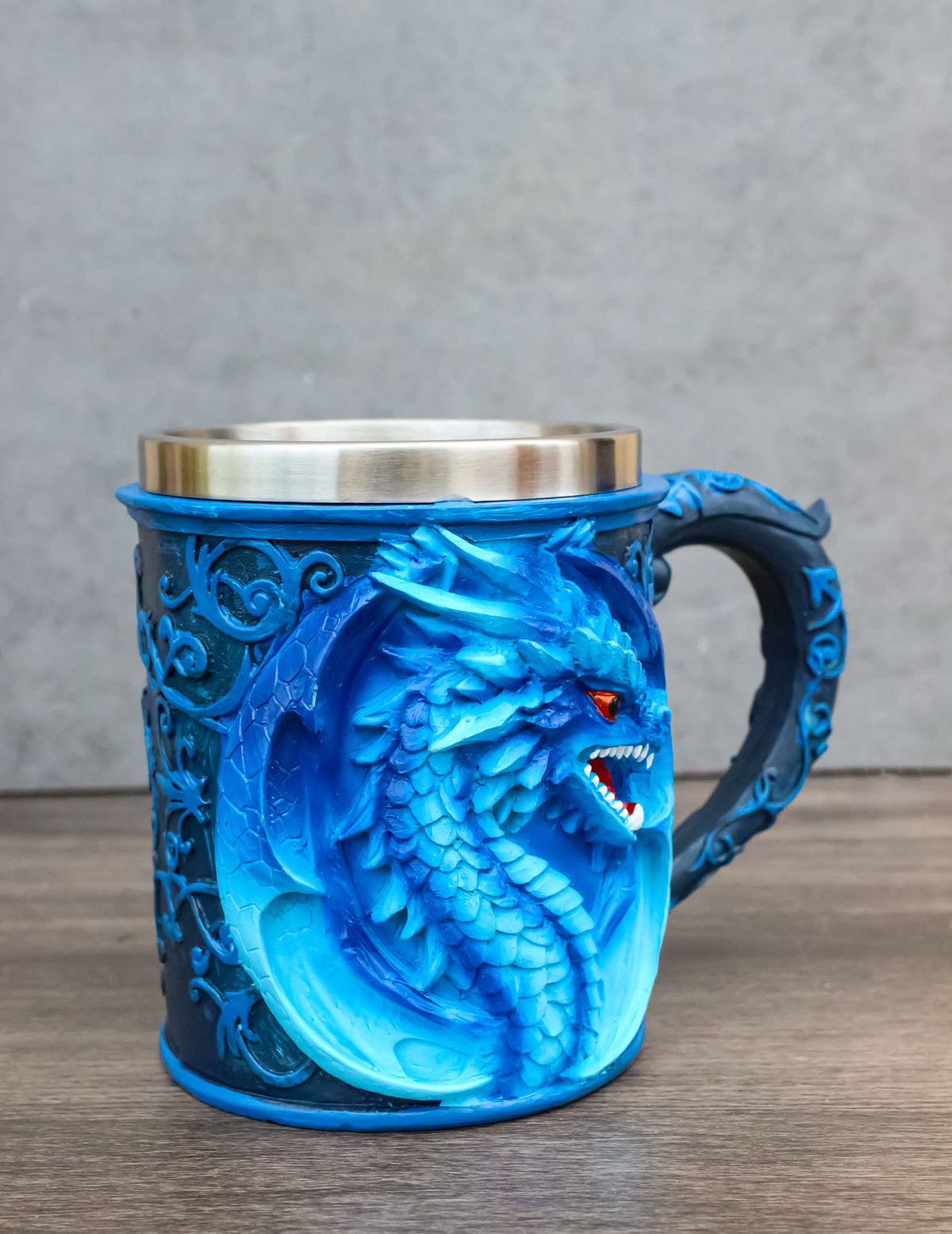 Gothic Fantasy Blue Ice Frost Dragon Tankard Mug With Stainless Steel Liner