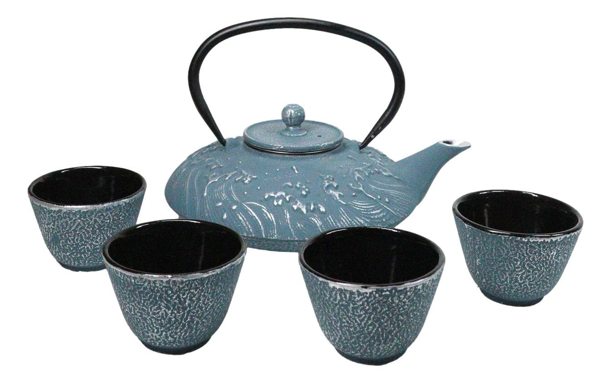 Royal Blue Ocean Sea Waves Tetsubin 27oz Cast Iron Tea Pot With 4 Cups Set