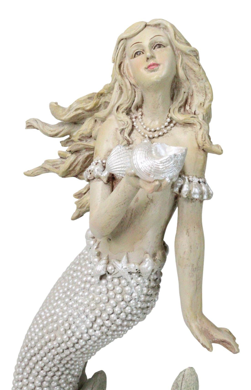 Large Vintage Sea Goddess Mermaid Holding Sconce Standing By Coral Reef Statue