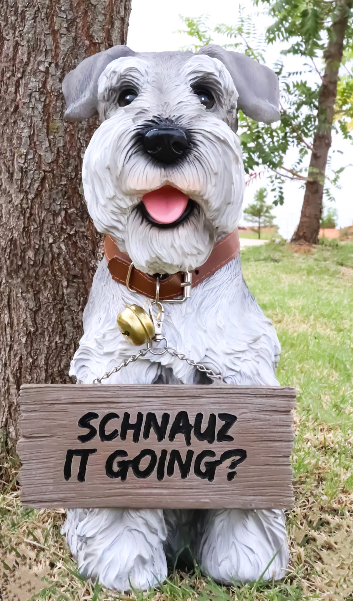 Adorable Grey Schnauzer Dog Sitting With Jingle Collar Greetings Sign Statue - Ebros Gift
