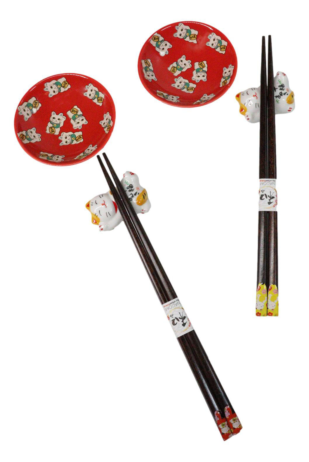 Maneki Neko Lucky Cats Red Sauce Dishes Chopsticks And Rests Sushi Set For 2