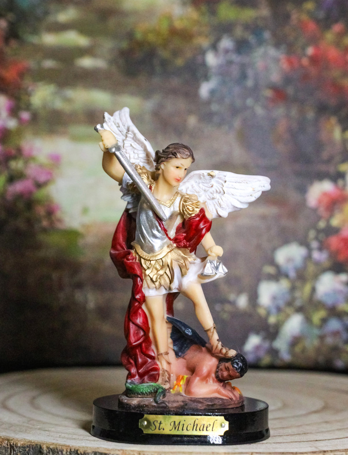Archangel Saint Michael Wielding Sword Crushing Satan Figurine With Name Base - Ebros Gift