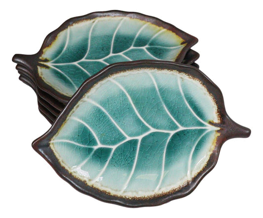 Pack Of 6 Green Crackle Midori Kannyu Ceramic Leaf Shaped Appetizer Salad Plates